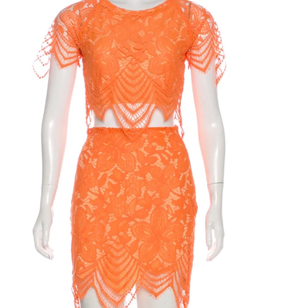 FOR LOVE & LEMONS Crew Neck Lace Skirt Set